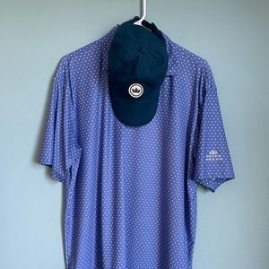 Peter Millar Summer Comfort Blue Polka Dot Golf Polo Shirt Mens Size L and Hat